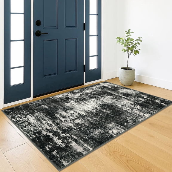 Brisasol 3x5 Washable Rug Modern Abstract Small Area Rug with Rubber Backing Soft Black Grey Entryway Rugs Indoor Carpet Floor Rugs Front Door Mat for Bedroom Kitchen