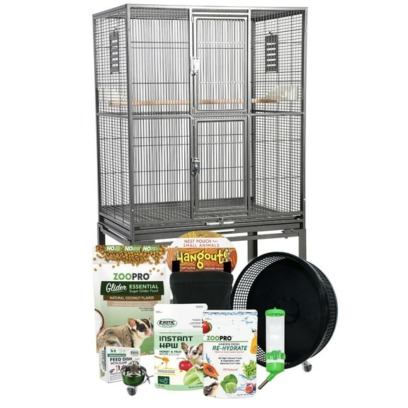 Brisbane Cage & Starter Package for Sugar Gliders - Includes Durable Cage, Healthy Food Variety, Exercise Wheel, Food Dishes, Water Bottle & Nest Pouch…