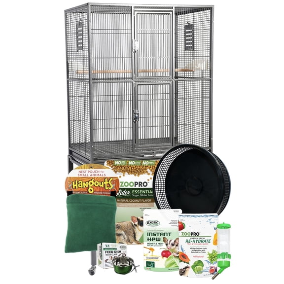 Brisbane Cage & Starter Package for Sugar Gliders - Includes Durable Cage, Healthy Food Variety, Exercise Wheel, Food Dishes, Water Bottle & Nest Pouch…