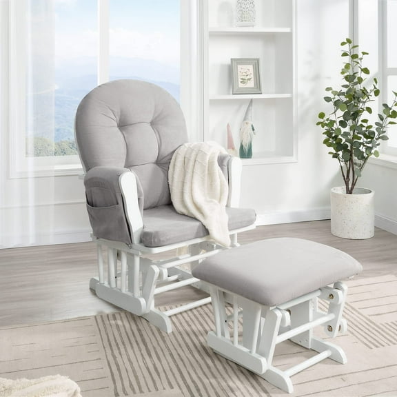 Brisbane Nursery Glider & Ottoman Set - Reclining Glider Rocker Chair for Breastfeeding, Maternity, & Comfort, White,Gray-Cushion Color:Gray,Finish:White