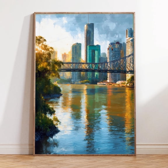 Brisbane River Australia Modern City Skyline Travel Wall Art, Unframed Paper Print Size 8x12