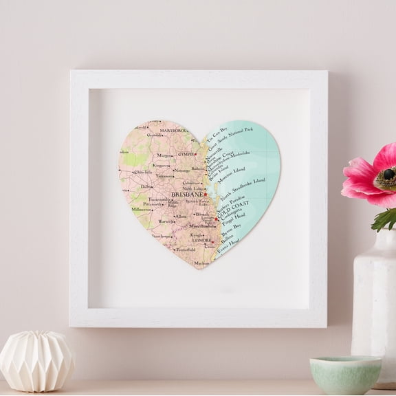 Brisbane and Gold Coast Map Heart Print Handmade Wall Art
