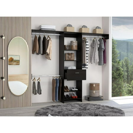 Depot E-Shop Brisk Closet System With Drawer, 3 Metal Rods, And 5 Open Shelves, Black