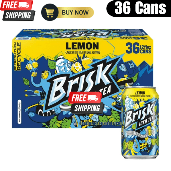 Brisk Lemon Iced Tea, Refreshing Lemon Flavored Iced Tea Drink, 12 fl oz Cans, 36 Pack