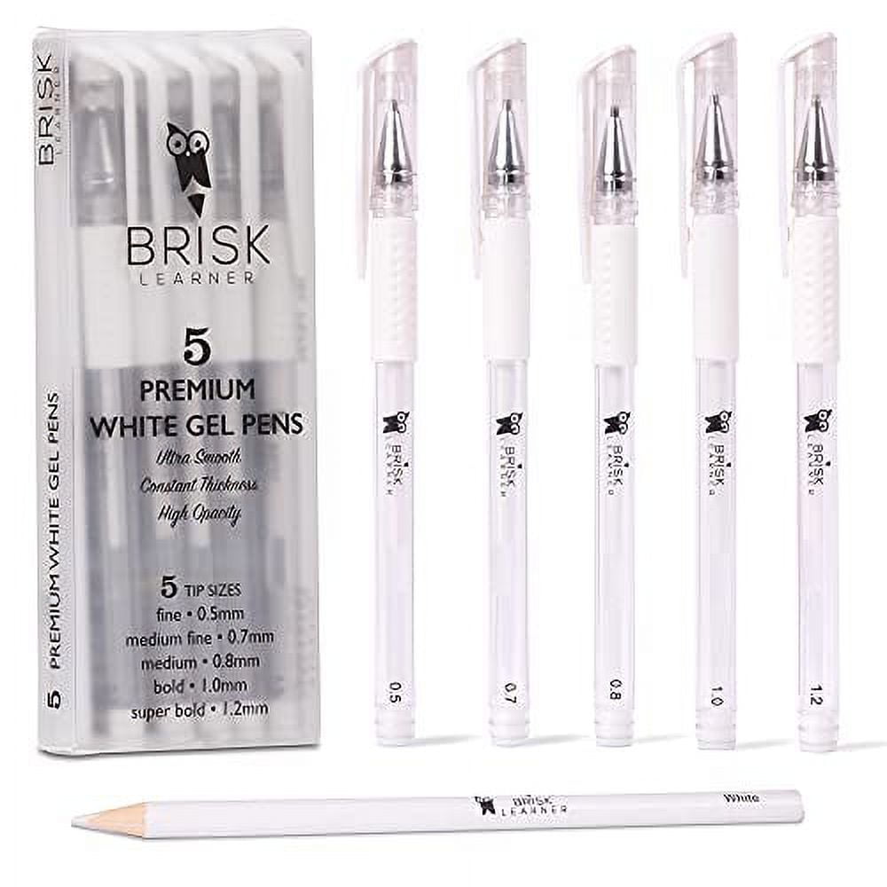 BriskLearner 5 White Gel Pen 5 Tip Sizes 0.5, 0.7, 0.8, 1.0, 1.2mm