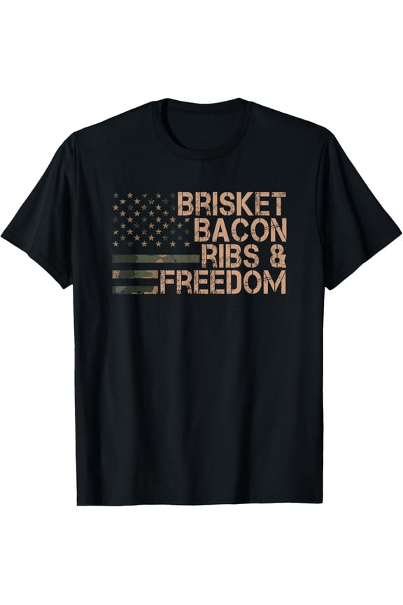 Brisket Bacon Ribs & Freedom Grill BBQ Funny Meat Smoking T-Shirt- Classic Unisex 100% Cotton Crew Neck T-Shirt Breathable Casual Everyday Wear Affordable Graphic Free shipping t shirts
