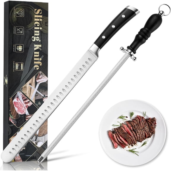 Brisket Slicer Kit, 12" Razor Sharp Meat Carving Knife & 12" Honing Rod for Kitchen Knives, Full Tang Slicing Knife Set with Gift Box