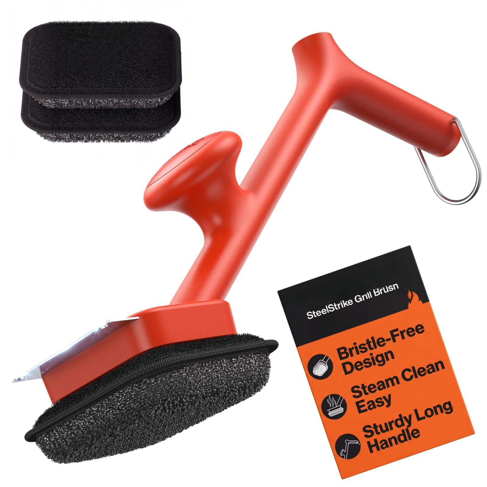 Bristle-free BBQ Grill Brush - 17" Cool-touch Handle, Scraper & 3 Replaceable Heads for Gas Charcoal Cast Iron