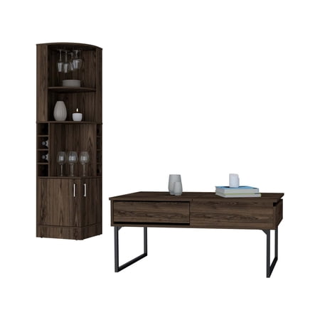 Bristol 2 Piece Living Room Set, Syrah Corner Bar Cabinet + Luxor Lift Top Coffee Table, Dark Walnut