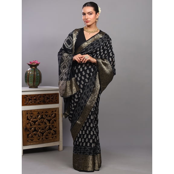 Bristol-Black Dola Silk Saree with Printed Leaves and Zari Brocaded Floral Border