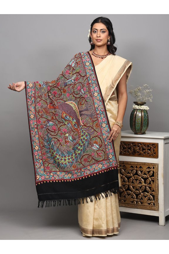 Bristol-Black Pure Wool Stole with Aari Detailed Hand-Embroidered Peacock and Flowers from Kashmir