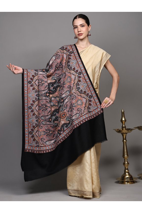 Bristol-Black Shawl from Amritsar with Intricate Heavy Thread Embroidered Paisley and Flowers