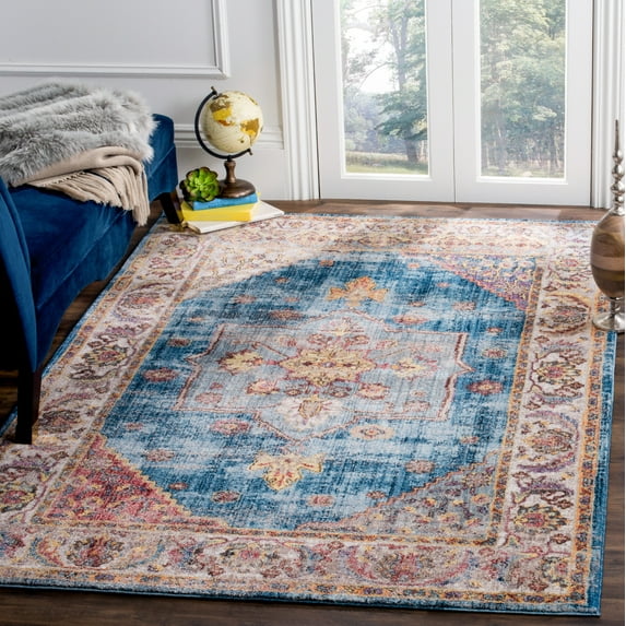 SAFAVIEH Bristol Erica Oriental Polyester Area Rug, Blue/Ivory, 7' x 7' Square