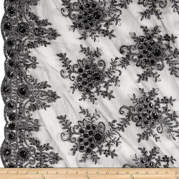 Bristol Glitter Sequin Embroidered Lace Fabric. 54 Inch in Width | Home Decor, Black / Sample 5x7 Inch
