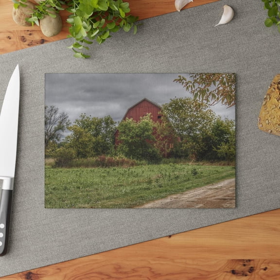U R There Photography Bristol Road Hidden Red Rustic Farmhouse Tempered-Glass Cutting Board 8"x 11"