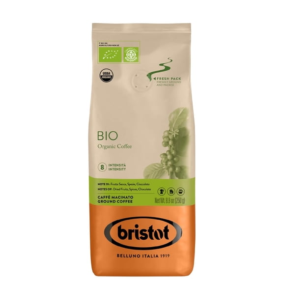 Bristot Bio Organic Ground Espresso - Italian Ground Espresso - Medium Roast - For Moka, French Press, Pour Over - USDA Organic Certified - 8.8oz/250g