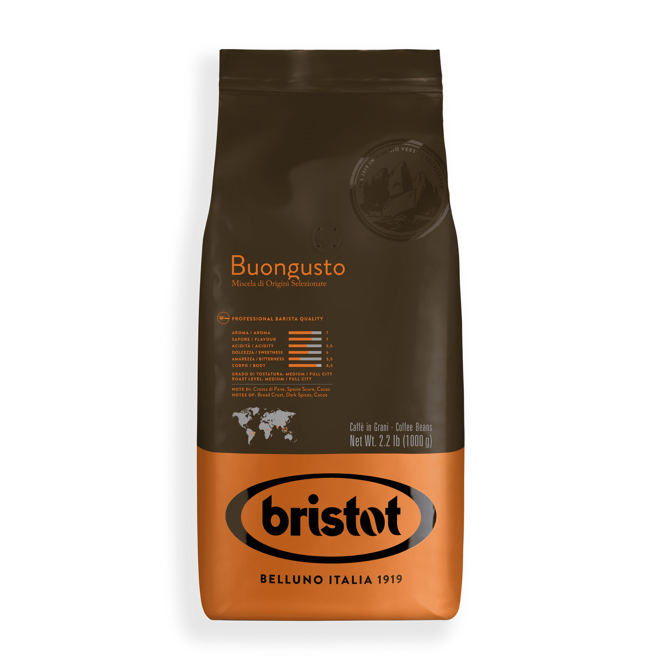 Bristot Buongusto Italian Espresso Beans - Italian Coffee Beans Whole - Medium Roast - Low Acid - 2.2 lb/1kg