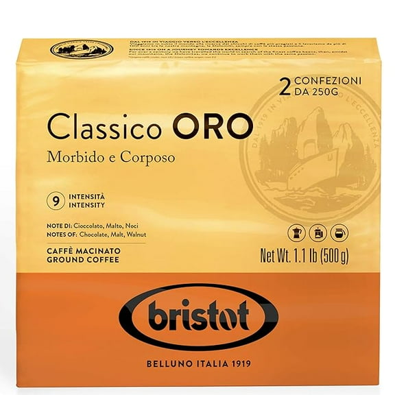 Bristot Classico ORO Italian Breakfast Espresso - Medium Roast - Smooth and Full-bodied - For Moka, French Press, Pour Over - 2 Bricks x 250g - 1.1lb/500
