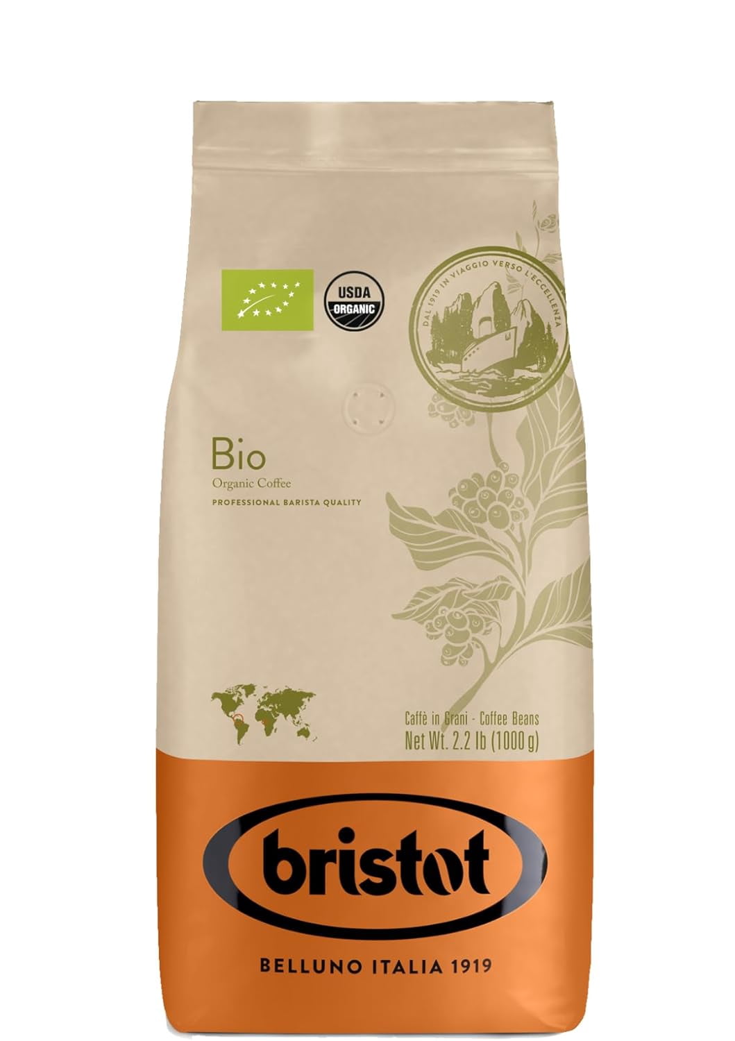 Bristot Organic Italian Coffee Beans - Premium Selection - Italian Espresso Beans Whole - USDA Organic- Medium Roast | 2.2 lb/1kg