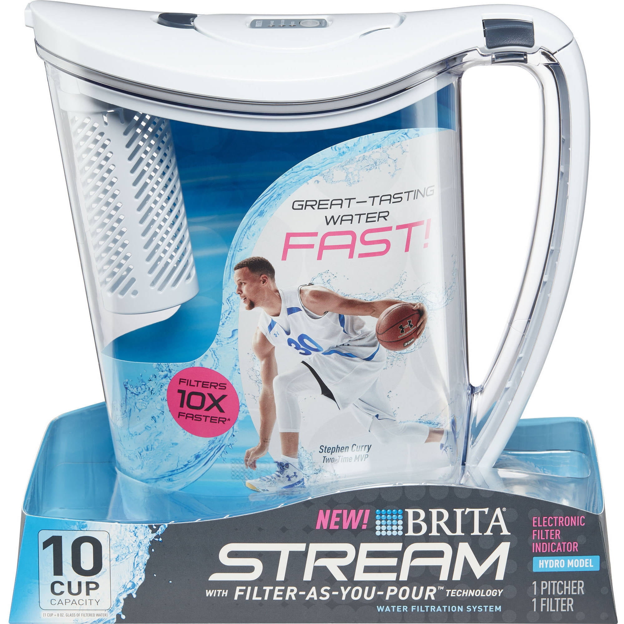 Brita 10 Cup Stream Filter as You Pour Water Pitcher with 1 Filter, Hydro, BPA Free, Chalk White