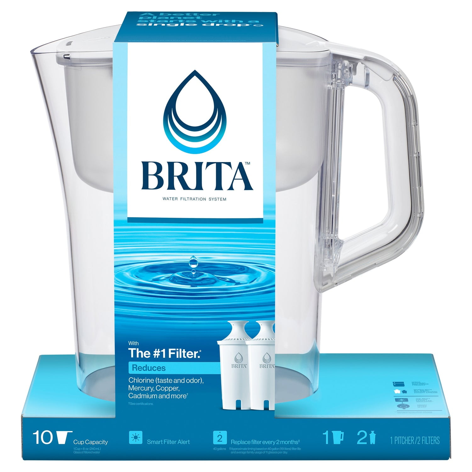 Brita Champlain Water Filtration Pitcher, 10 Cup Capacity with 2 Replacement Filters