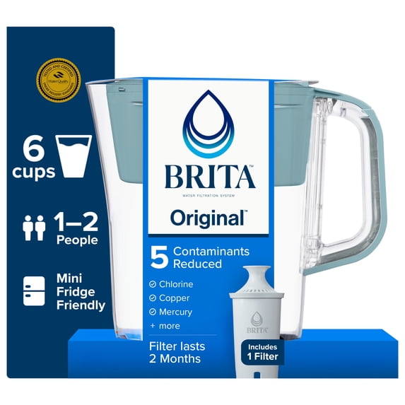 Brita 6 Cup Small Plastic Water Filter Pitcher, Stone Blue, BPA Free with 1 Brita Standard Filter