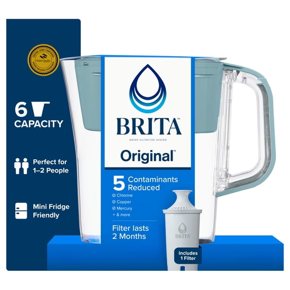 Brita 6 Cup Small Plastic Water Filter Pitcher, Stone Blue, BPA Free with 1 Brita Standard Filter