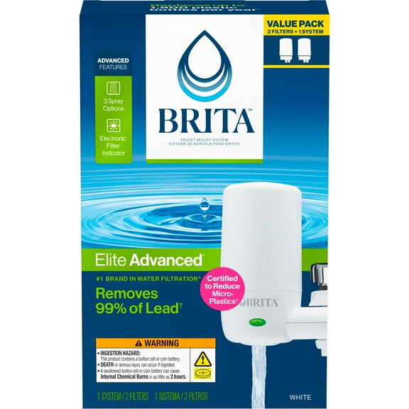 Brita Elite Water Faucet Filtration Mount System, Fits Standard Faucets, White, Includes 2 Filters