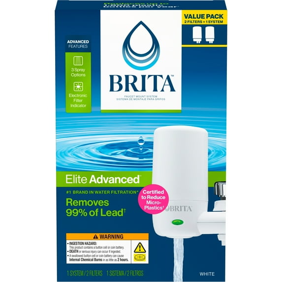 Brita Elite Water Faucet Filtration Mount System, Fits Standard Faucets, White, Includes 2 Filters