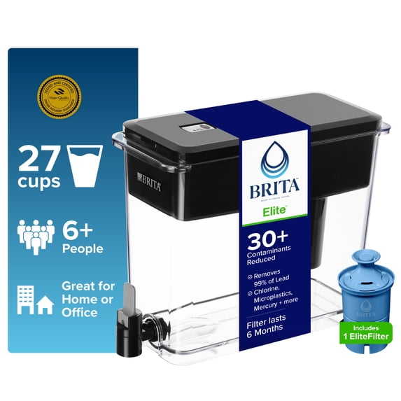 Brita 27 Cup Extra Large Plastic Water Filtration Dispenser, Black, BPA Free with 1 Elite Brita Filter
