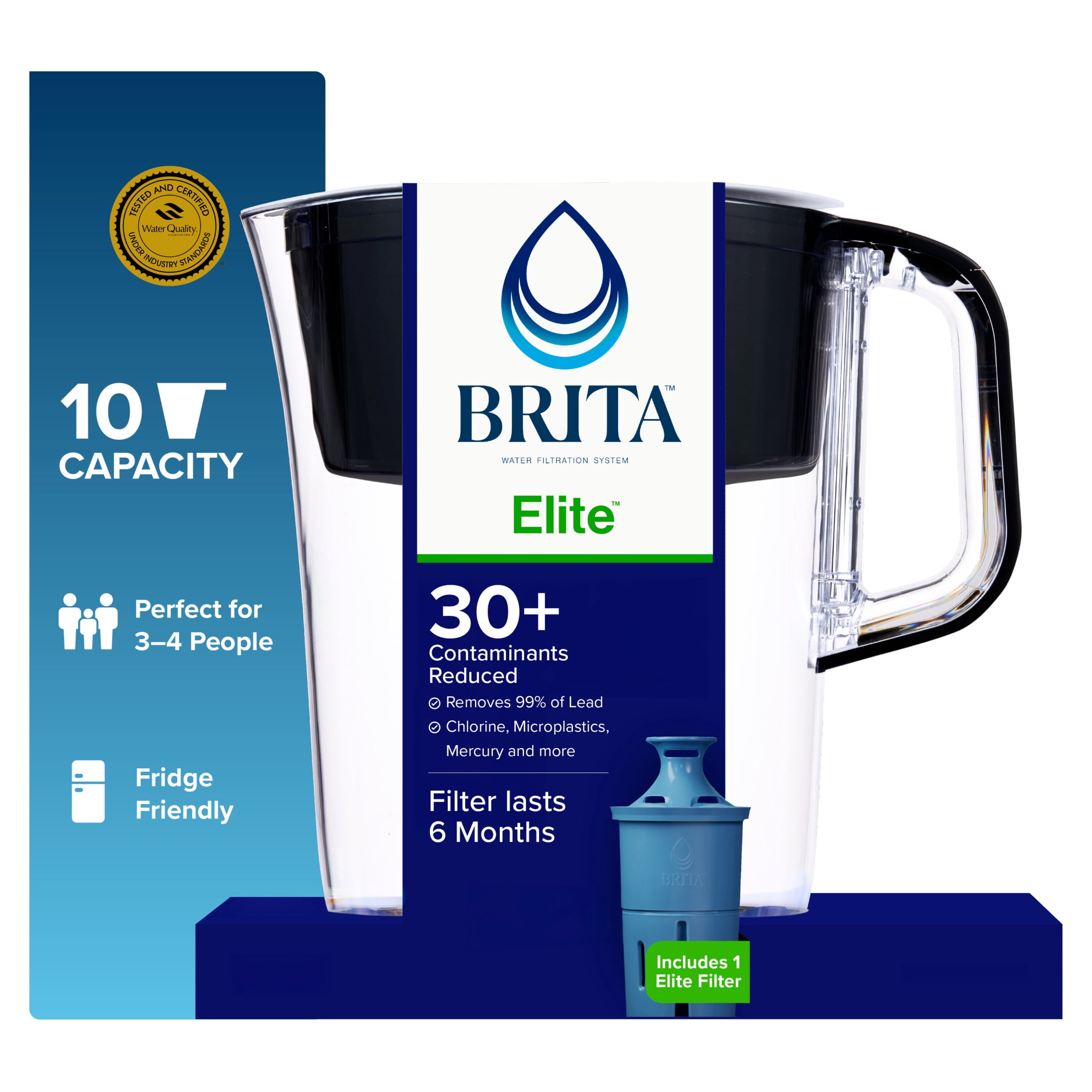 Brita 10 Cup Large Plastic Water Filter Pitcher, Black, BPA Free with 1 Elite Brita Filter