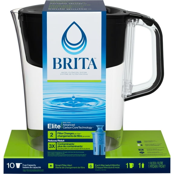 Brita Large 10 Cup Black Tahoe Water Filter Pitcher with 1 Brita Elite Filter, Made Without BPA