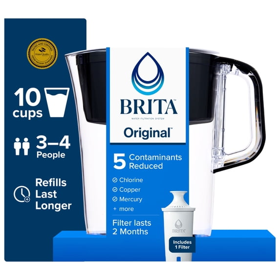 Brita 10 Cup Large Plastic Water Filter Pitcher, Black, BPA Free with 1 Standard Brita Filter
