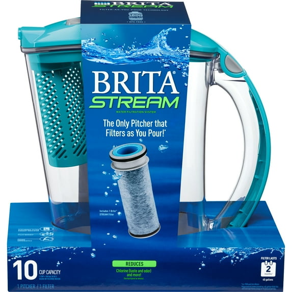 Brita 10 Cup Large Stream Plastic Water Filter Pitcher, Blue, BPA Free with 1 Stream Brita Filter