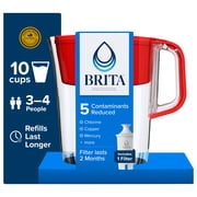 Brita 10 Cup Large Plastic Water Filter Pitcher, Red, BPA Free with 1 Standard Brita Filter