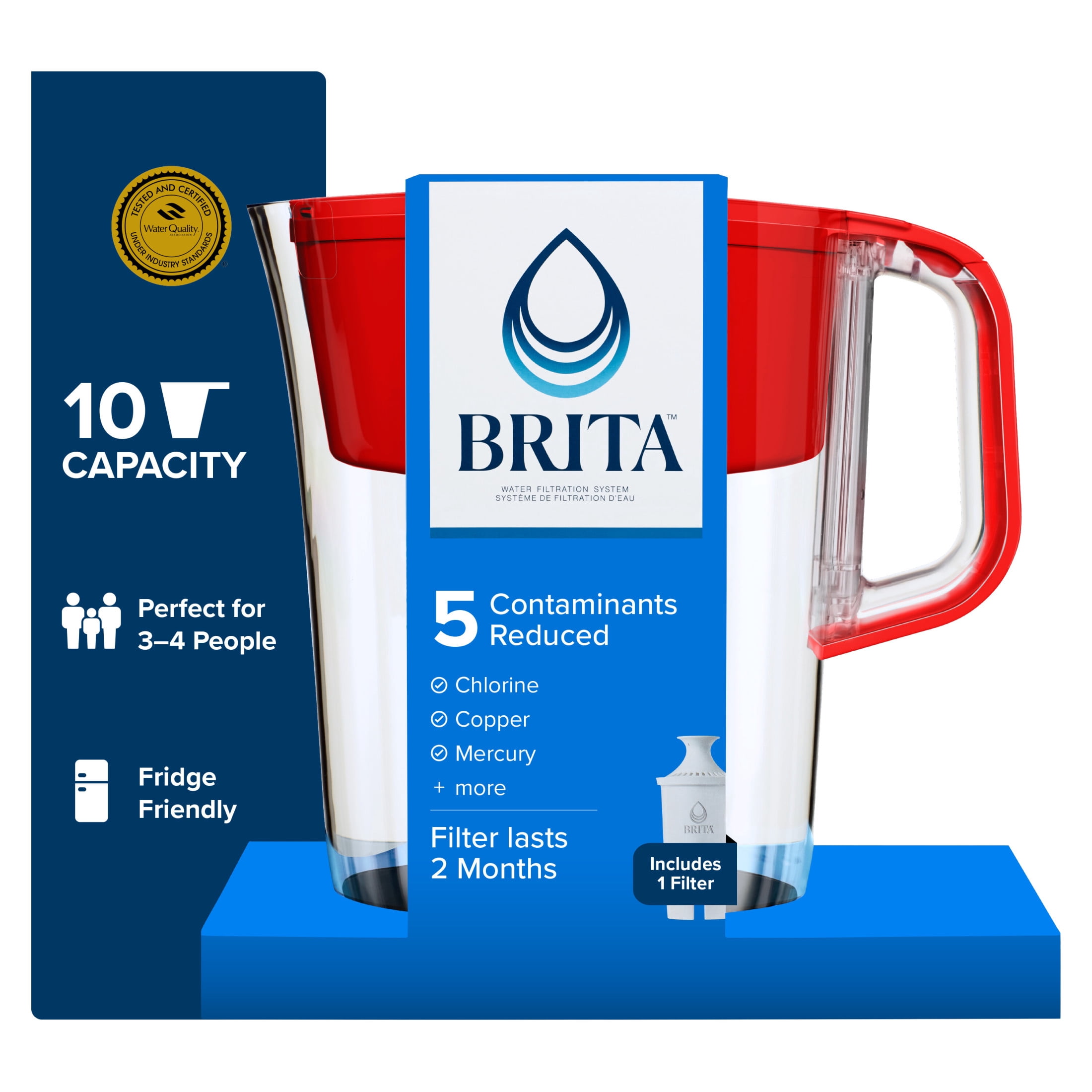 Brita Large 10 Cup Water Filter Pitcher with 1 Standard Filter, Made Without BPA, Tahoe, Red