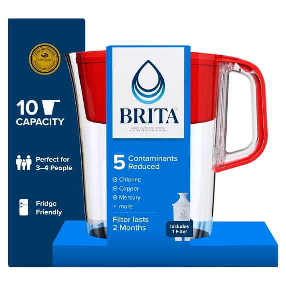 Brita Large 10 Cup Water Filter Pitcher with 1 Standard Filter, Made Without BPA, Tahoe, Red