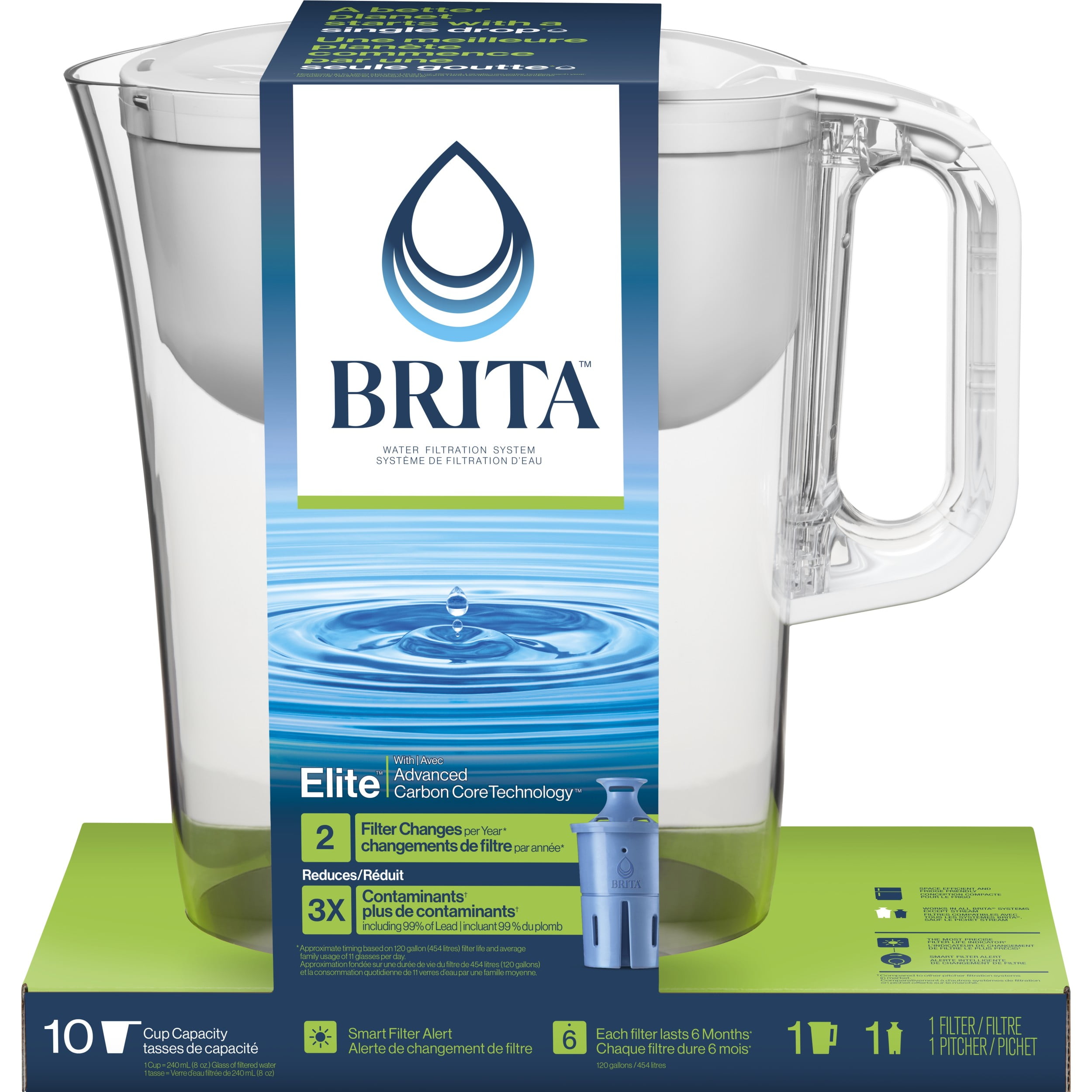 Brita Jarra grande con filtro de agua para grifo y agua potable con 1  filtro Elite, reduce el 99% del plomo, dura 6 meses, capacidad de 10 tazas,  sin