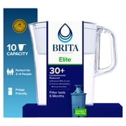 Brita 10 Cup Large Plastic Water Filter Pitcher, White, BPA Free with 1 Elite Brita Filter