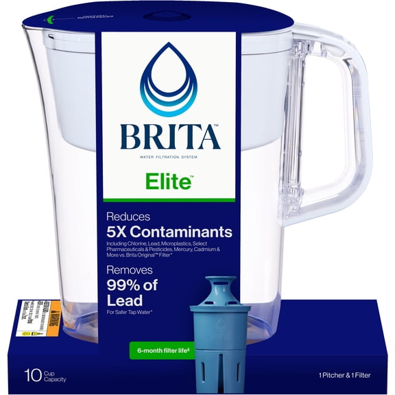 Brita 10 Cup Large Plastic Water Filter Pitcher, White, BPA Free with 1 Elite Brita Filter