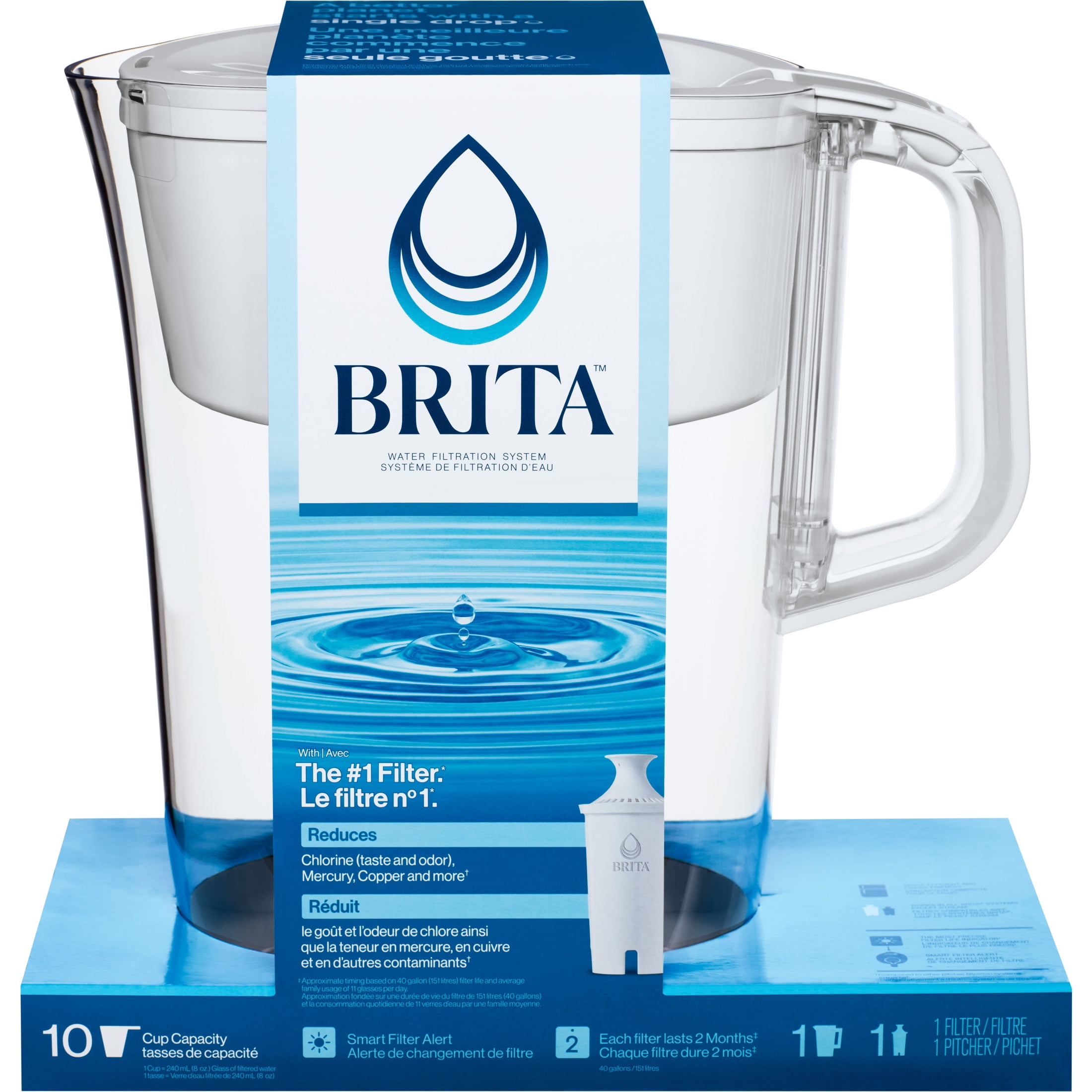 Brita 10-Cup White Plastic Water Filter Pitcher with Charcoal Filter