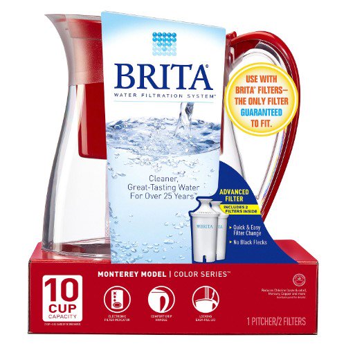 Brita Monterey Water Filter Pitcher + 2 Brita Filters, Red, 10 Cup Capacity