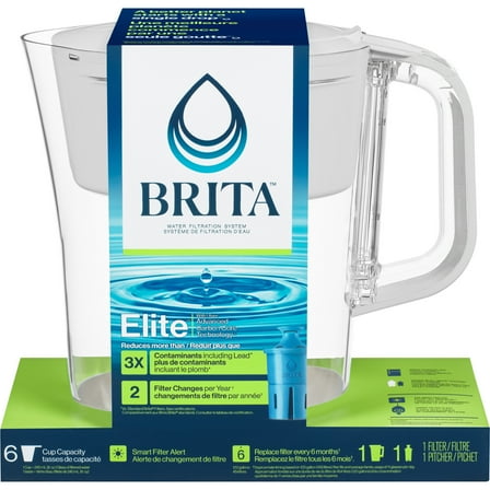 Brita Plastic 6-Cup White Water Filter Pitcher with Elite Filter