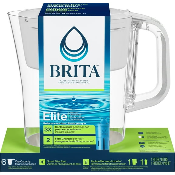 Brita Plastic 6-Cup White Water Filter Pitcher with Elite Filter