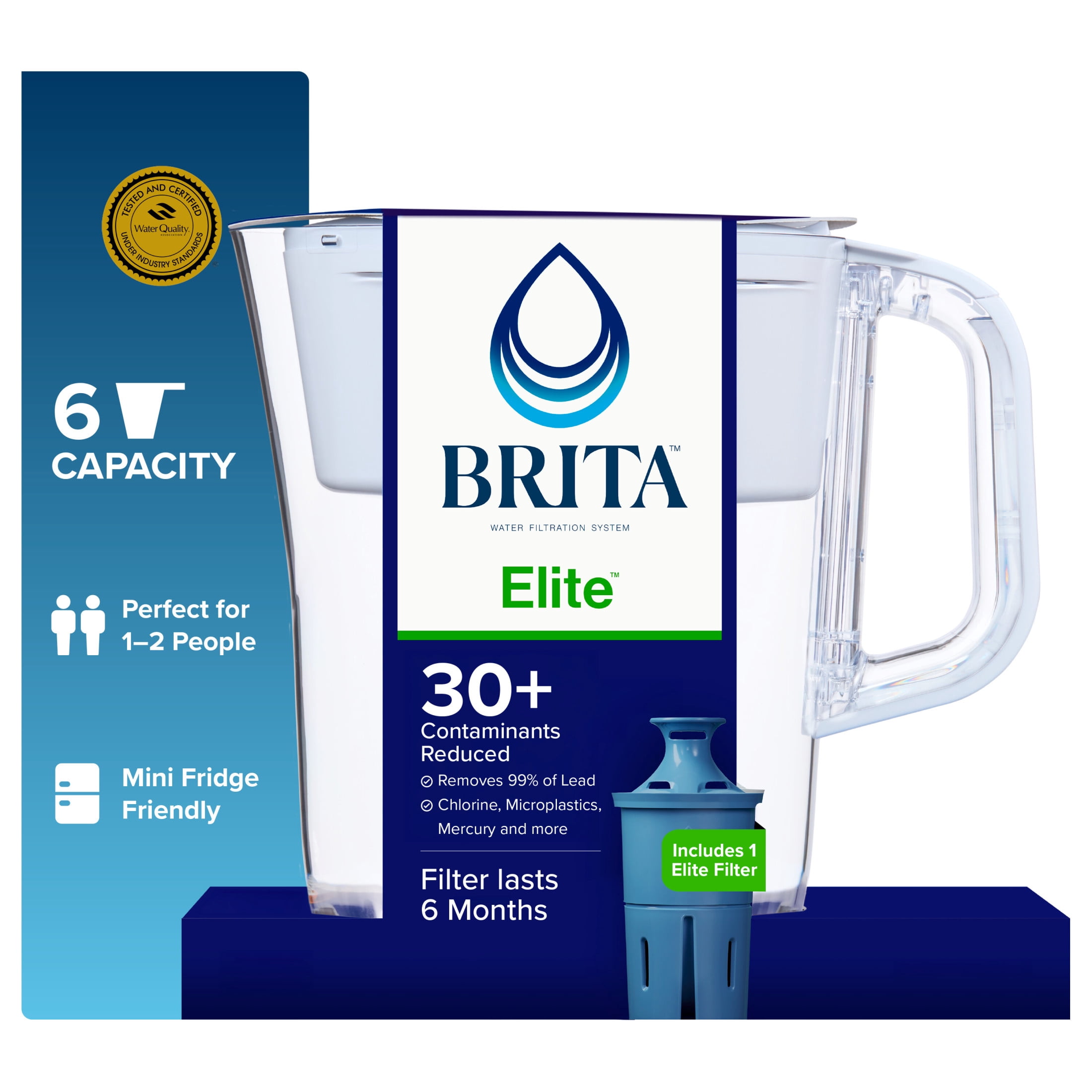 Brita 6 Cup Small Plastic Water Filter Pitcher, White, BPA Free with 1 Brita Elite Filter
