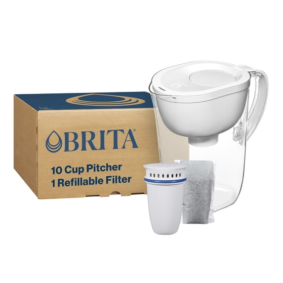 Brita Refillable Water Filtration System, 10 Cup Filtered Pitcher, 1 Refillable Filter & 1 Filter Shell, BPA Free
