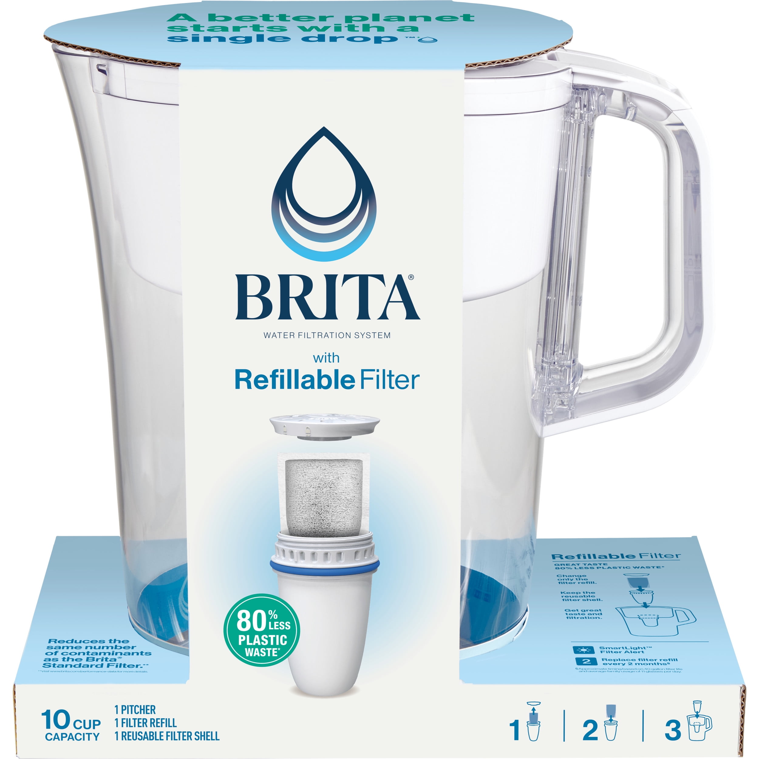 Brita Refillable Water Filtration System with Large 10 Cup Pitcher, Tahoe, and 1 Refillable Filter