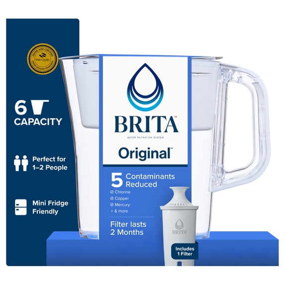Brita 6 Cup Small Plastic Water Filter Pitcher, White, BPA Free with 1 Standard Brita Filter