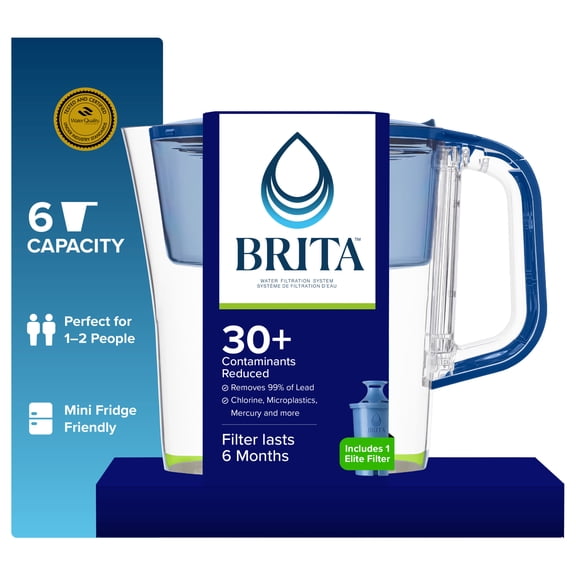 Brita 6 Cup Small Plastic Water Filter Pitcher, Mazarine, Blue, BPA Free with 1 Brita Elite Filter