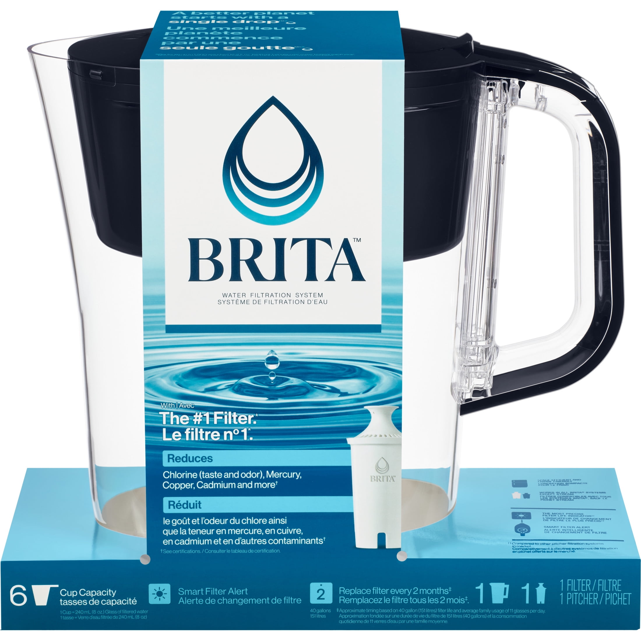 Brita 6-Cup Black Water Filter Pitcher with Coconut Shell Carbon Filter
